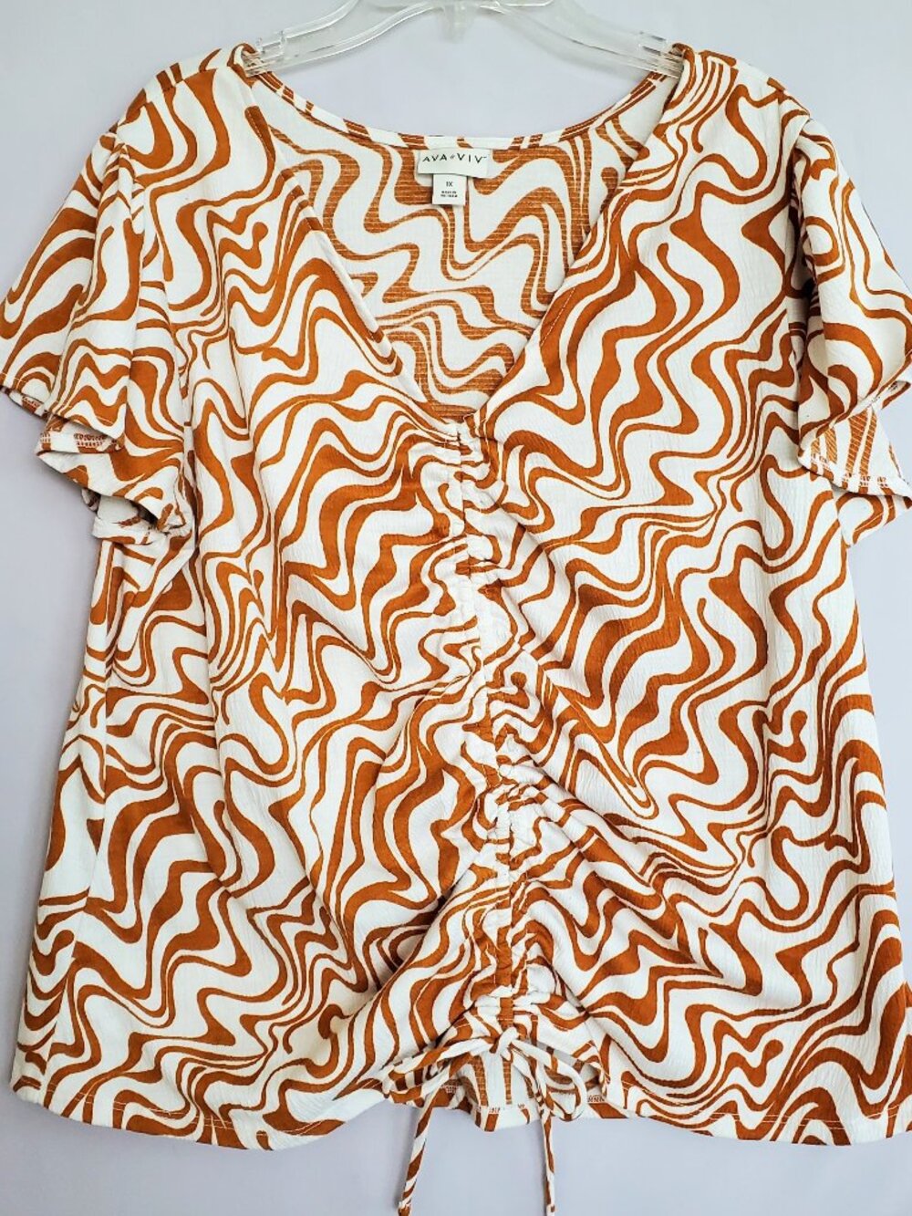 Ava & Viv Women's Top Plus 1X Abstract Rust Swirl Flutter Sleeve Boho Gauzy Tie
